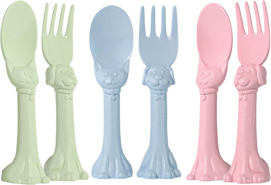 Made in USA Spoon la la Toddler Utensils Set - 6 Pack (3 Spoons & 3 Forks for Kids) - Self-Standing 3D Ergonomic Cat & Dog Handles - BPA-free, Dishwasher Safe, Baby Silverware (Blue, Pink, Mint)