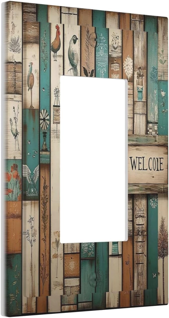 Decorative Outlet Covers Vintage Wood Brown Turquoise Splicing 1 Gang Single Rocker Light Switch Cover Plate Wall Plates Gfci Faceplate For Farmhouse Cabin Decor