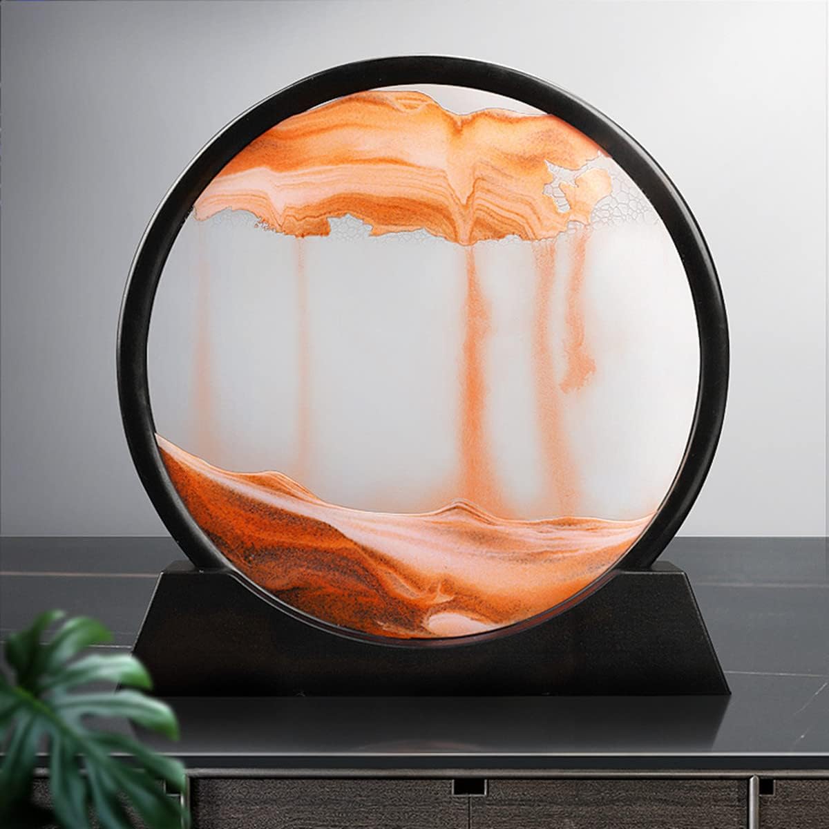 Moving Sand Art Picture in Motion Round Glass 3D Deep Sea Landscape, Dynamic Sand Art Sandscapes, Sensory Relaxing Desktop Table Decor Desk Decor Art Desk (7 inch, Orange)