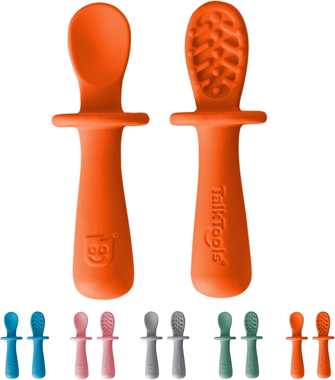 TalkTools ITSY Tiny Silicone Spoons – Twin Pack Soft Silicone Self-Feeding Training Spoons for Kids & Toddlers, Anti-Choking Flange Guard and Non-Slip Handle (Tangerine)