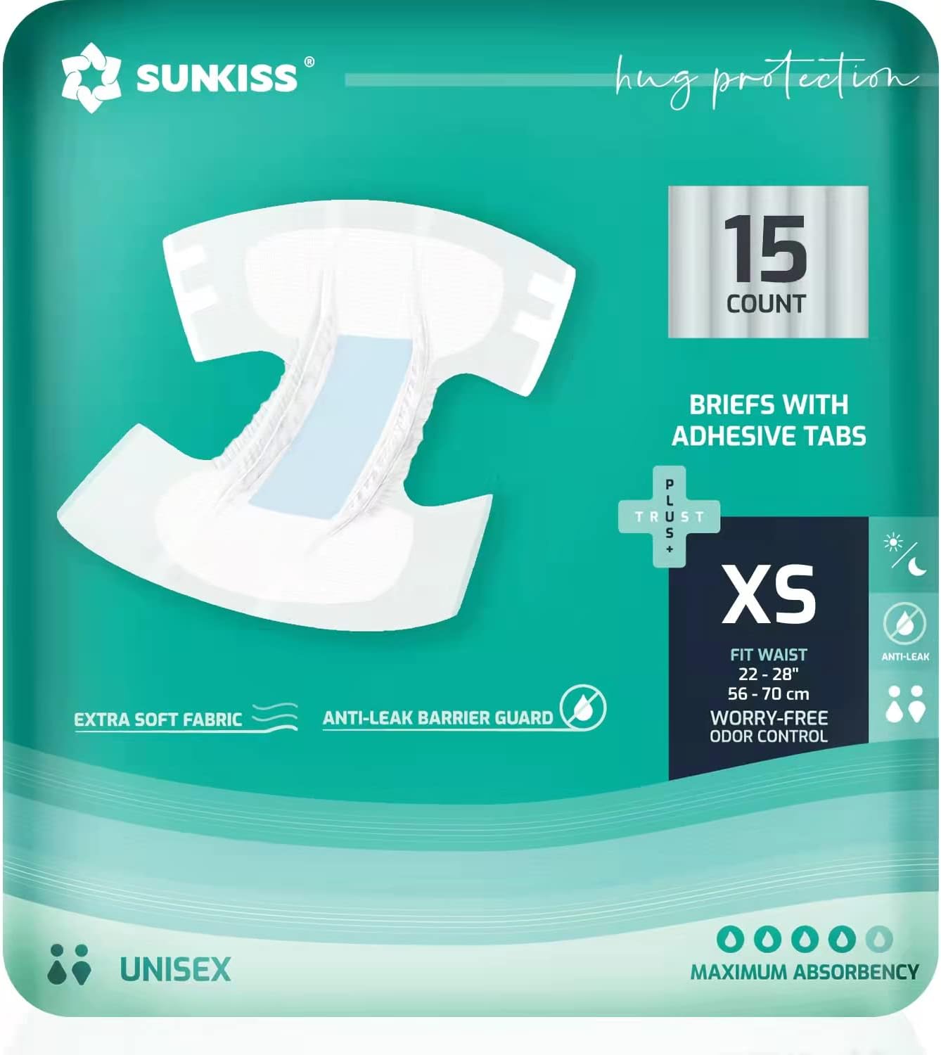 SUNKISS TrustPlus Adult Diapers with Maximum Absorbency, Unisex Disposable Incontinence Briefs with Tabs for Men and Women, Odor Control, XSmall, 15 Count