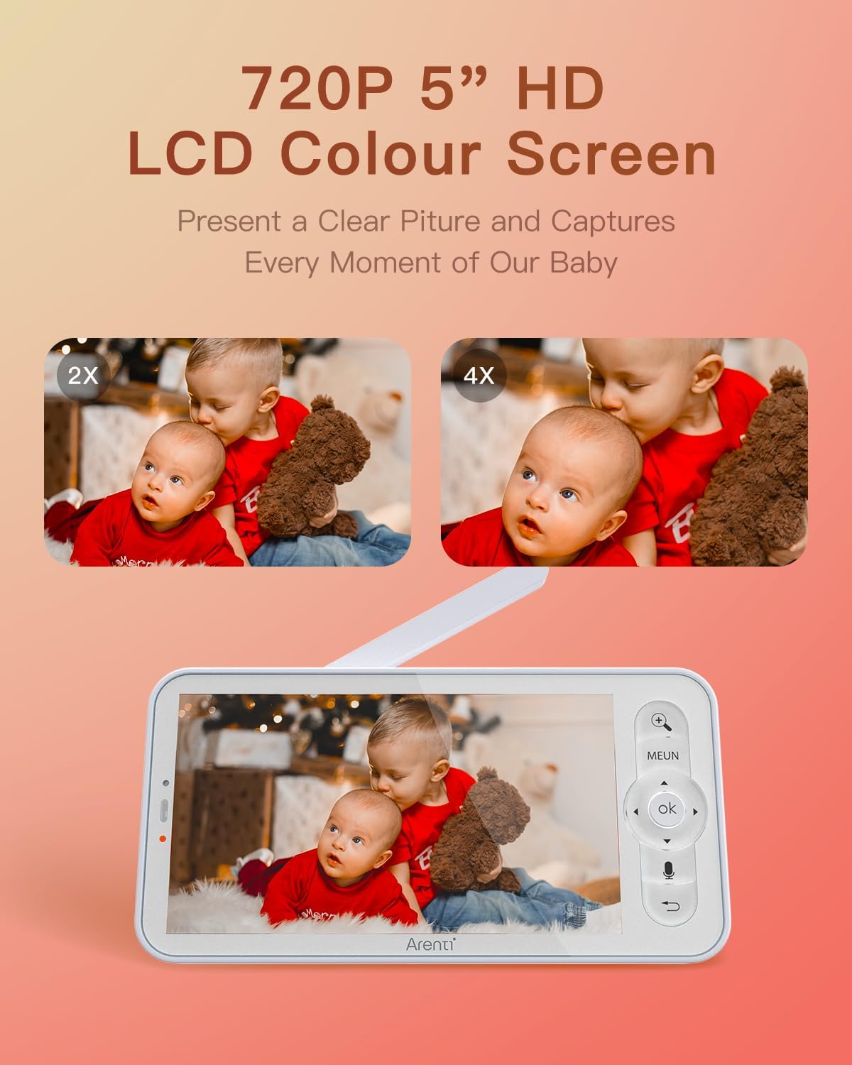 ARENTI Baby Monitor, 2K Video Baby Camera with 5-Inch Upgraded Wireless Display, Super Night Vision, Lullabies, Cry & Motion Detection, Temp & Humidity Sensor, Two Way Audio