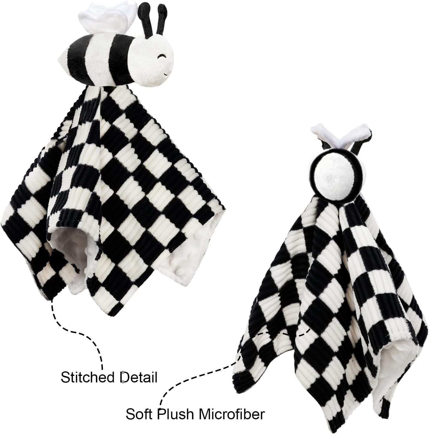 High Contrast Baby Security Blanket for Boys Girls 3D Soft Checkerboard Gingham with Minky Dot Fabric Backing Bee Snuggle Stuffed Animal Lovely Black 14 Inch