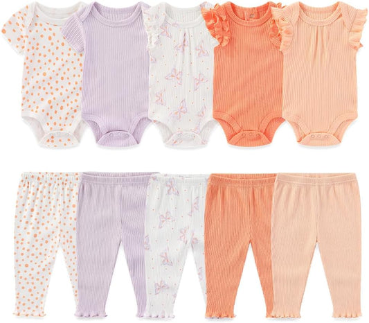 Kiddiezoom Newborn Baby Layette Set 10-Piece with Bodysuits and Pants Set for Unisex Baby Gift Sets