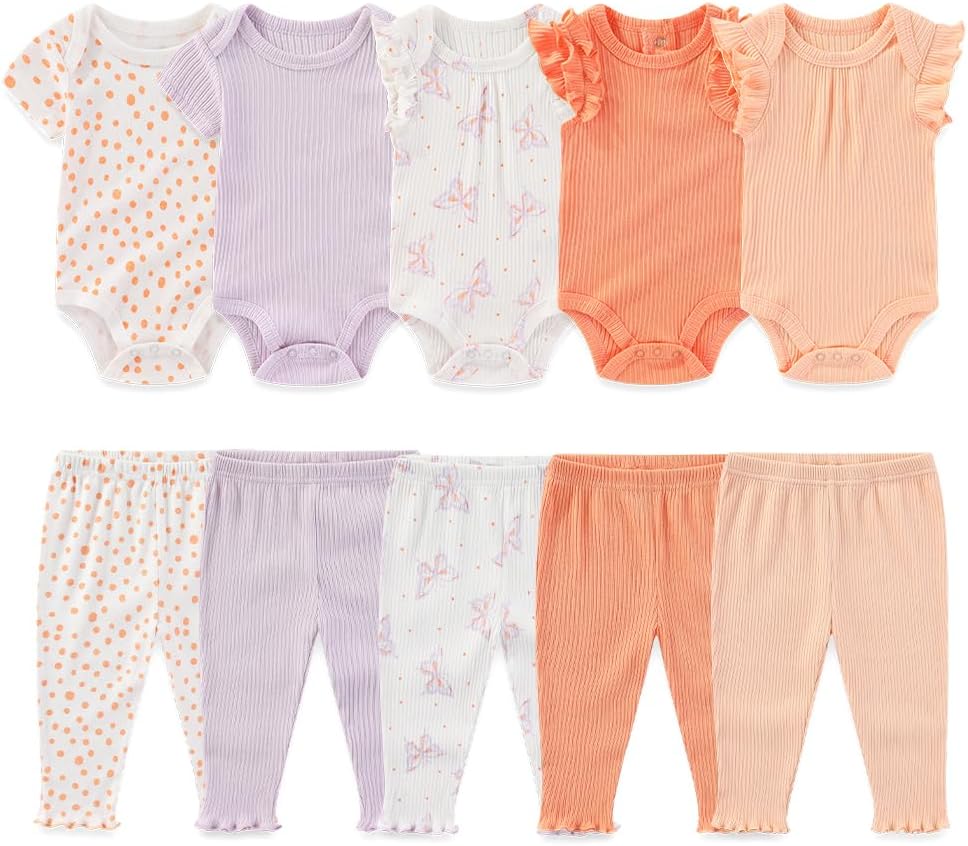 Kiddiezoom Newborn Baby Layette Set 10-Piece with Bodysuits and Pants Set for Unisex Baby Gift Sets