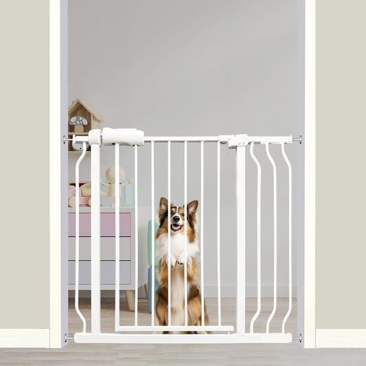 Auto Close Baby & Dog Gate 34-38.5 Inch, Tension Safety Gate Indoor, White Metal, Walk-Through Child Gate for Kids & Pets