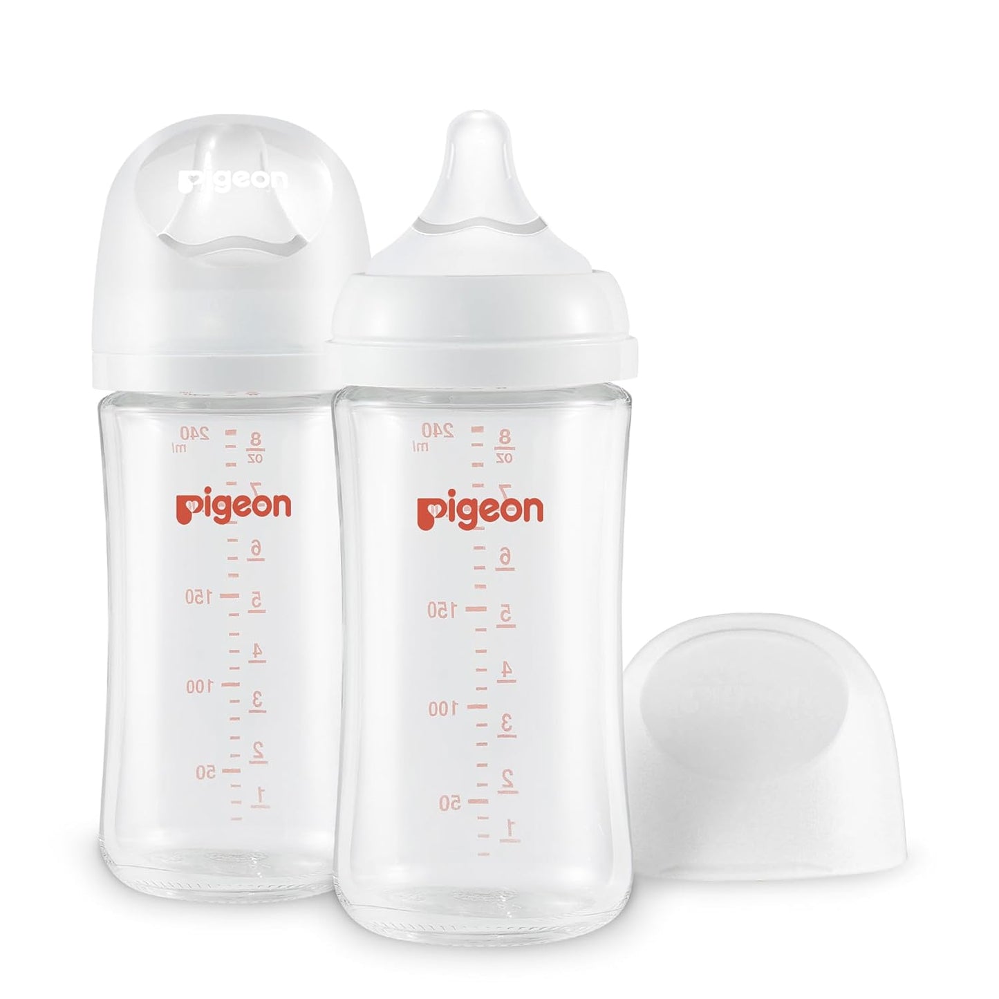 Pigeon Glass Nursing Bottle Wide Neck, Anti-Colic, Streamlined Body, Natural Feel, Easy to Clean, Heat-Resistant, 8.1 Oz(Pack of 2), Includes 2pcs M Nipples (3m+)