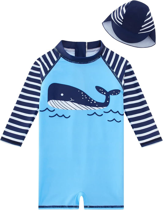 uideazone Baby Boys One Piece Swimsuit Long Sleeve UPF 50+ Rash Guard Bathing Suit Swimwear with Sun Hat 0-24 Months
