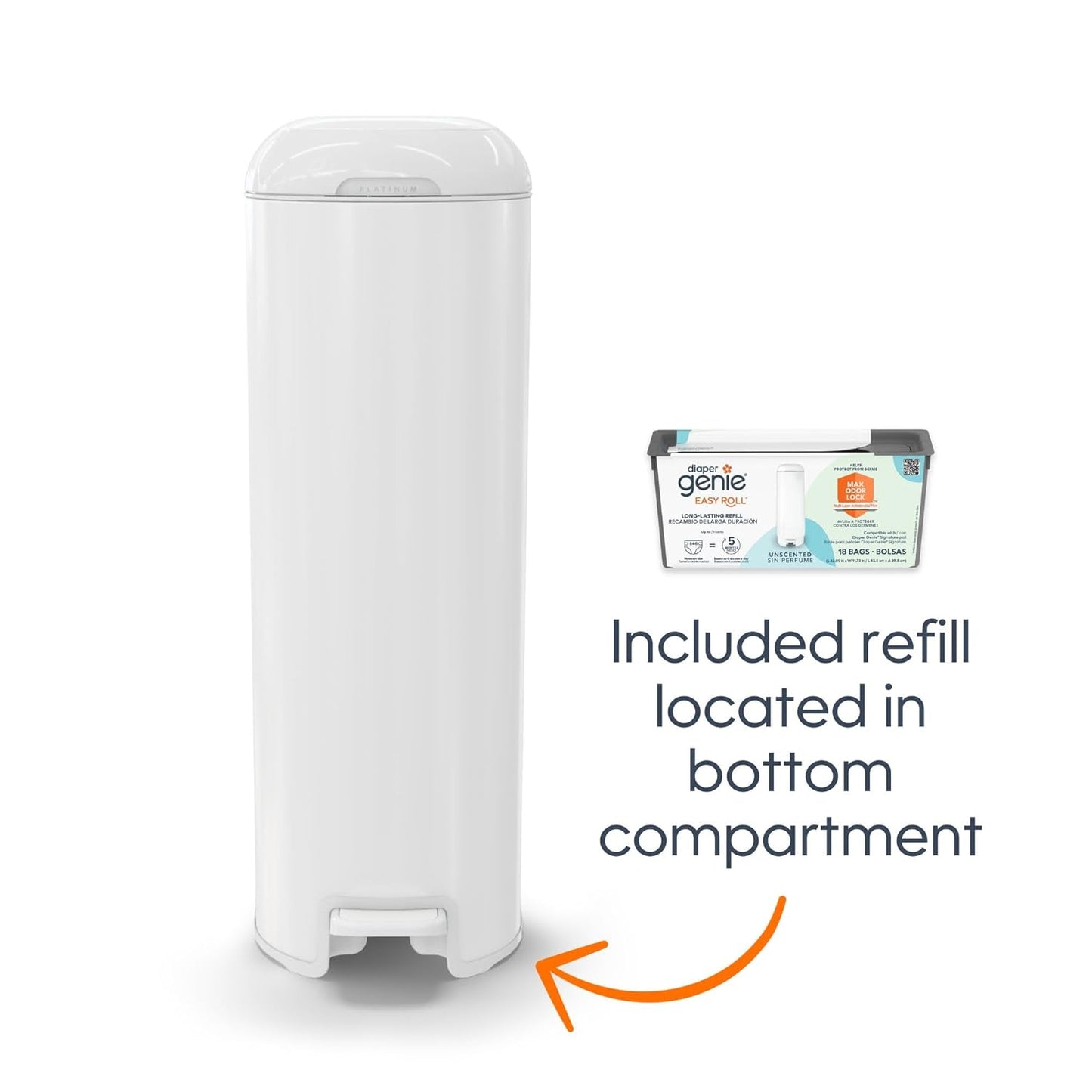 Diaper Genie Platinum Pail (Stone Grey) is Made in Durable Stainless Steel and Includes 1 Easy Roll Refill with 18 Bags That can Last up to 5 Months.