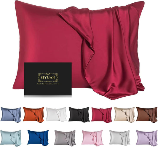 Mulberry Silk Pillowcase for Hair and Skin,Standard Size Cooling Silk Pillow Case with Hidden Zipper,Allergen Proof Dual Sides Soft Breathable Smooth Silk Pillow Cover for Women(Standard,Dark Red)