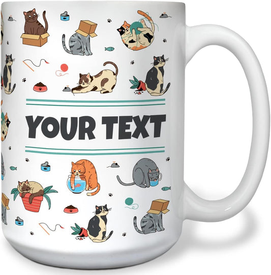 Personalized Mug for Kids - Cats - Custom Name/Text, Ceramic Hot Chocolate/Cocoa/Coffee Cup for Boys/Girls, Birthday/Christmas/Holiday Gift - 15 oz, White Handle