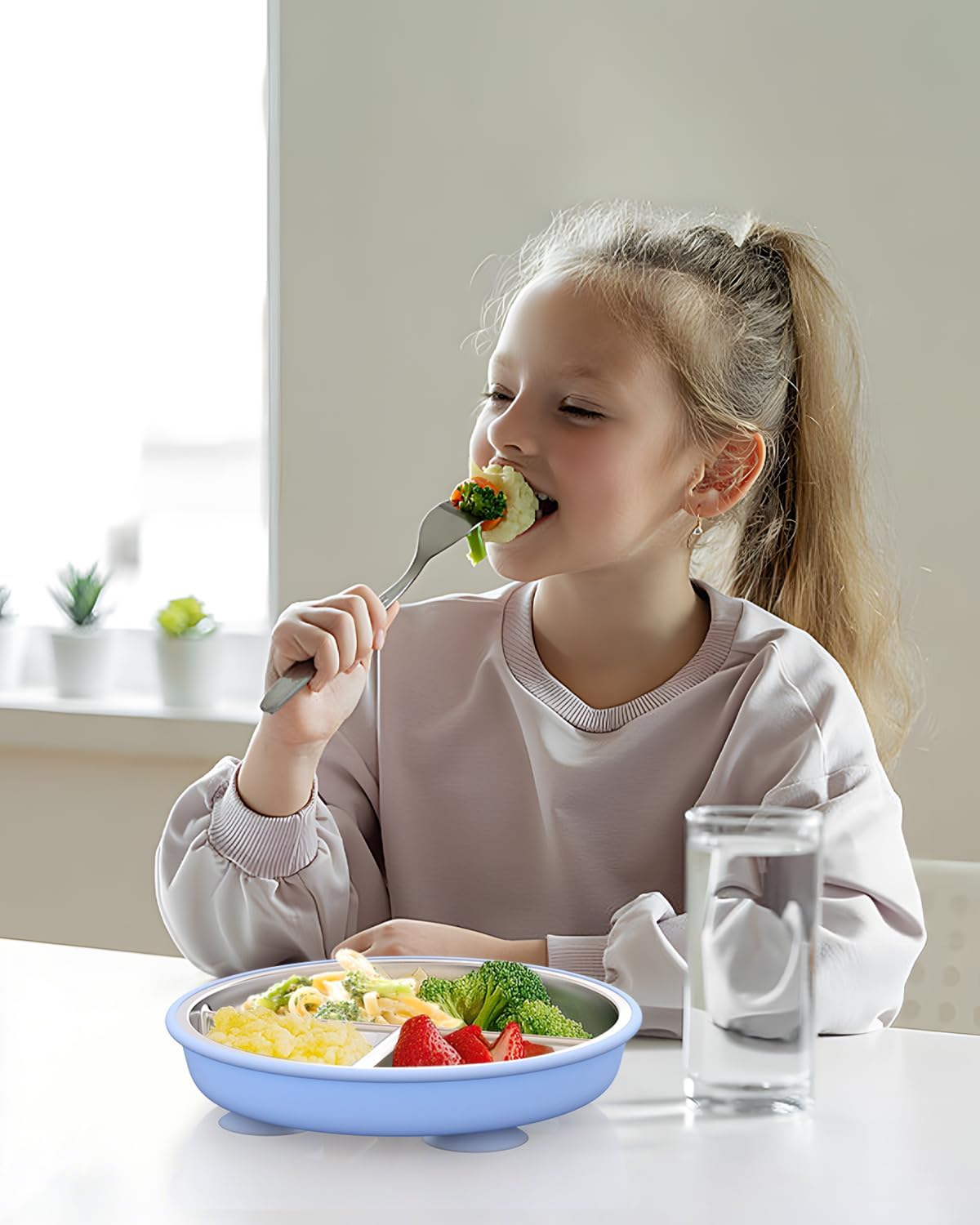 Stainless Steel Toddler Suction Plate with Lid, Deepened 9" Divided Plates with Removable Silicone Sleeves for Kids, Non Toxic Unbreakable Snack Dishes Set of 4, Sage Blue Beige Lilac