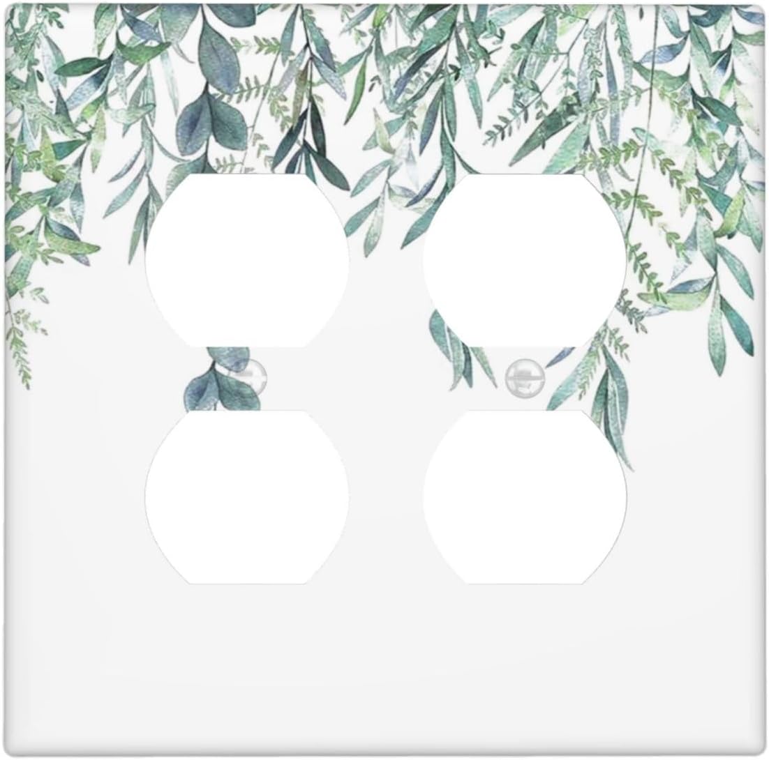 Eucalyptus Leaves Greenery Vine Flowers Simplicity Outlet Covers 2 Gang Double Duplex Decorative Light Switch Covers Electrical Wallplates Socket Faceplate for Bed Room Living Room Decor