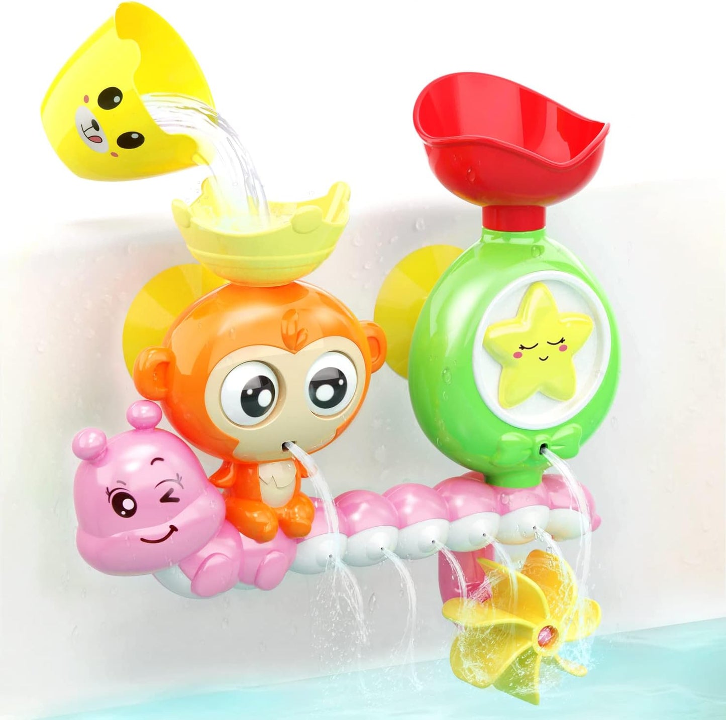 G-WACK Bath Toys for Toddlers Age 1 2 3 Year Old Girl Boy, Preschool New Born Baby Bathtub Water Toys, Durable Interactive Multicolored Infant Toy, Lovely Monkey Caterpillar,Strong Suction Cups Pink