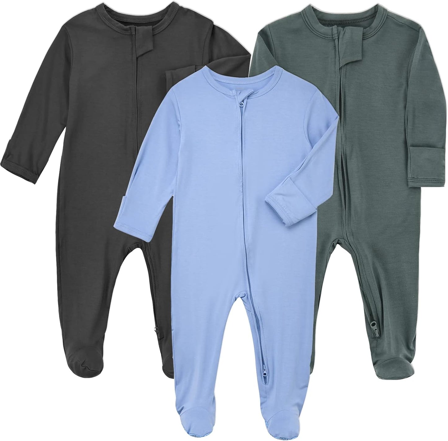 Aablexema Baby Zipper Pajamas Bamboo Rayon, 3pcs Unisex Infant Onesie with Mitten Long Sleeve Footed Pjs