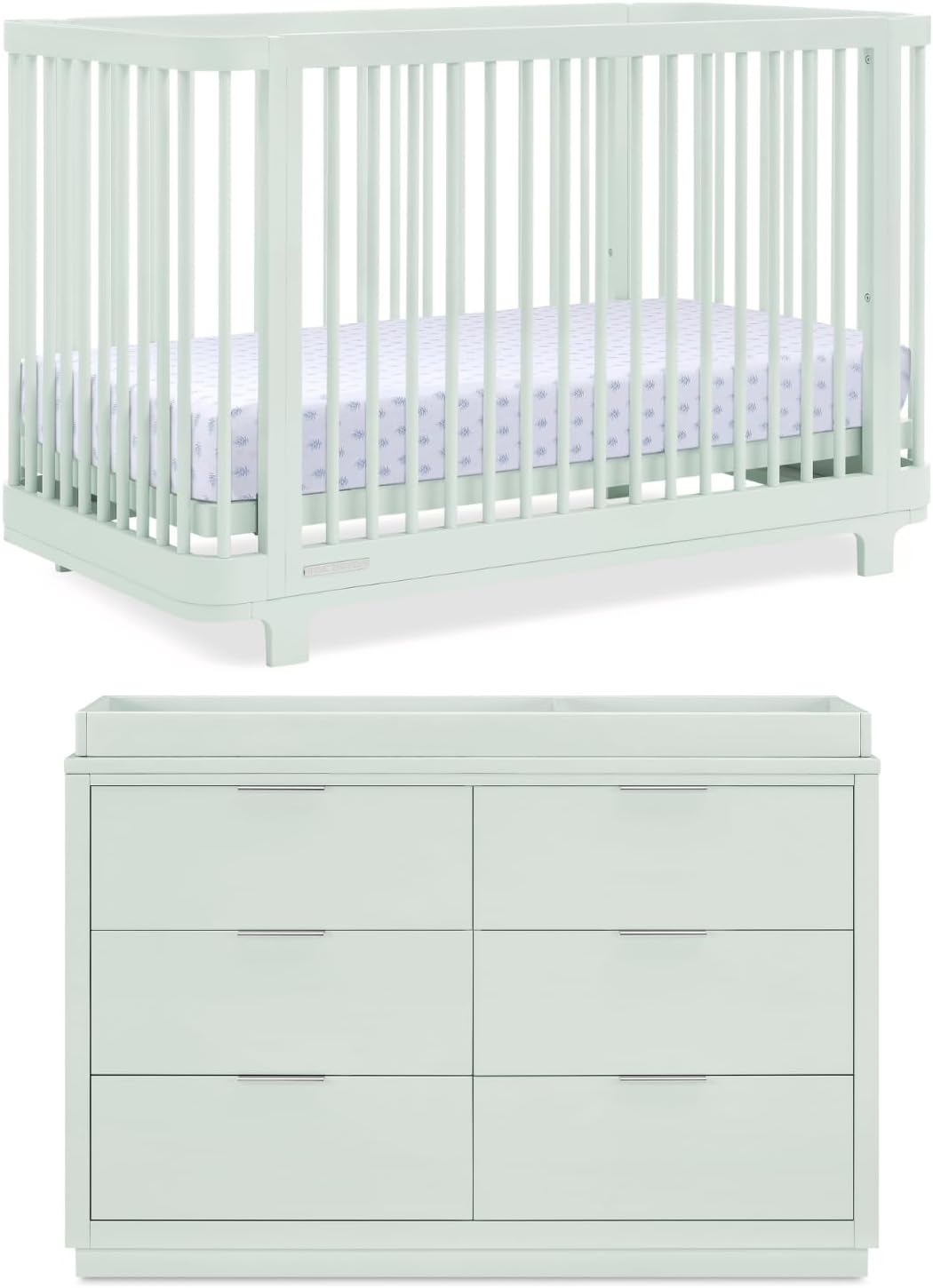 Delta Children Nest Crib and Dresser Nursery Furniture – 4-in-1 Convertible Crib | Forever 6 Drawer Dresser with Changing Top | Light Sage