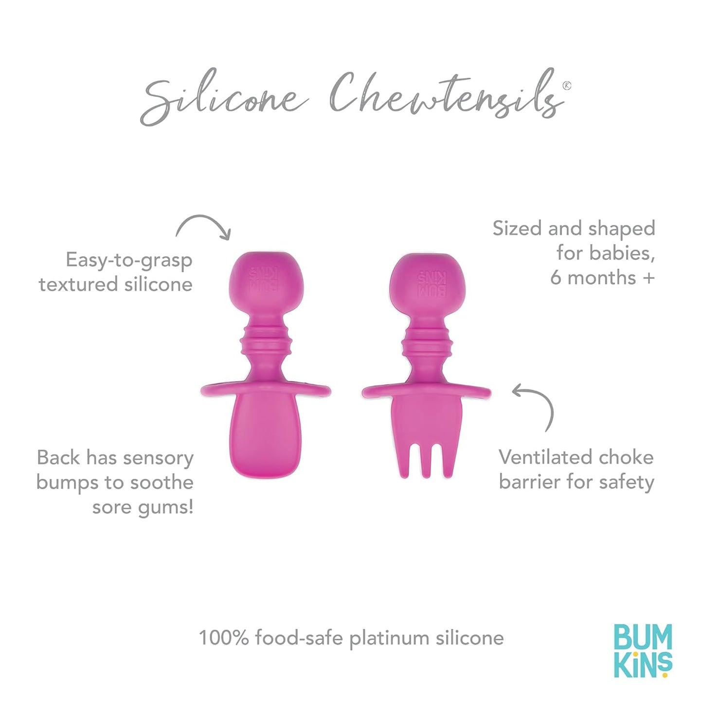 Bumkins Baby Utensils Set, Chewtensils Silicone Spoons for Dipping, Self-Feeding, Baby Led Weaning, Trainer Learning, First Stage Eating, Soft Practice Fork and Spoon, Babies 6 Months, Fuchsia