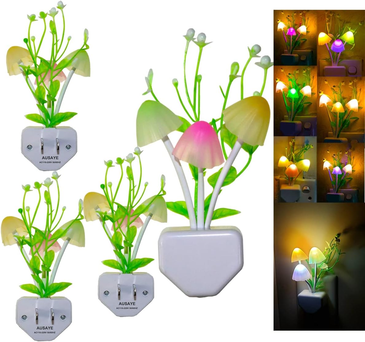 AUSAYE 4 Pack Plug in Night Light, Color Changing Mushroom Light LED Nightlights with Smart Dusk to Dawn Sensor for Kids, Adults, Bedroom, Bathroom,Hallway, Stairs, Kitchen