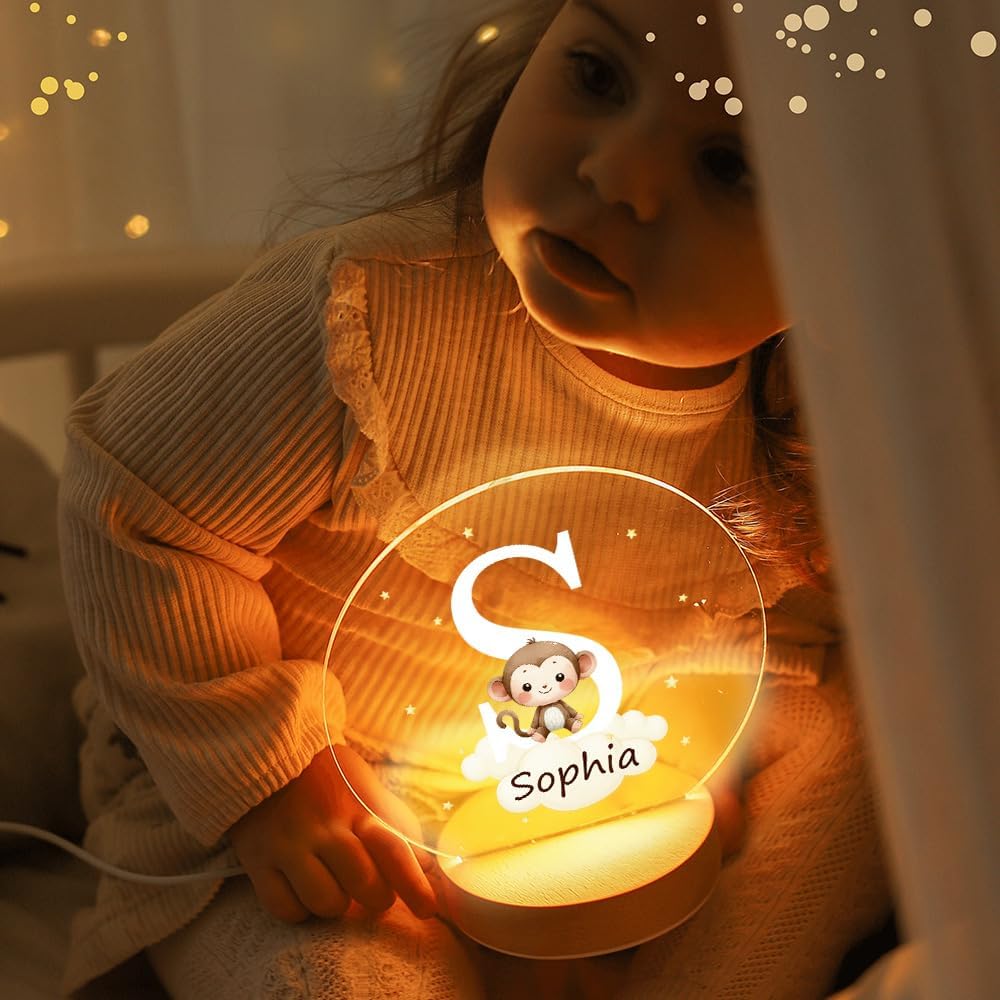 Personalized LED Night Light - Star Cloud Forest Animal Theme with Wooden Base