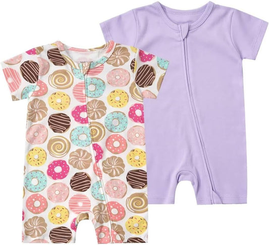 Teach Leanbh Unisex Baby 2 Pack Pajamas Cotton Short Sleeve 2 Way Zipper Printing Soild Romper Jumpsuit Sleep and Play