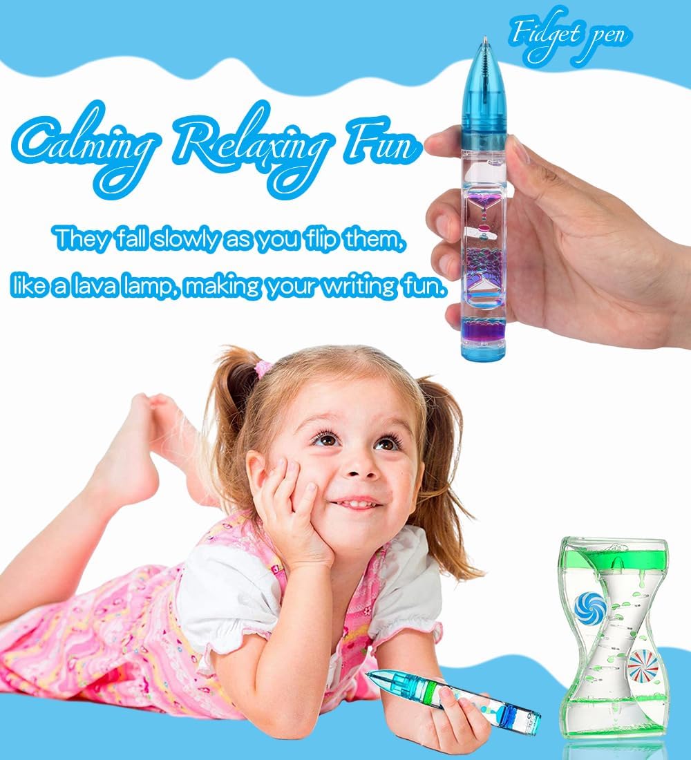 Liquid Motion Bubbler Sensory Toys Calm Stress Relief Liquid Motion Bubbler Pen Fidget Pen ADHD Anxiety Autism Toy Desk Decor Bubble Timers for Kids and Adults Gifts 3 Pack