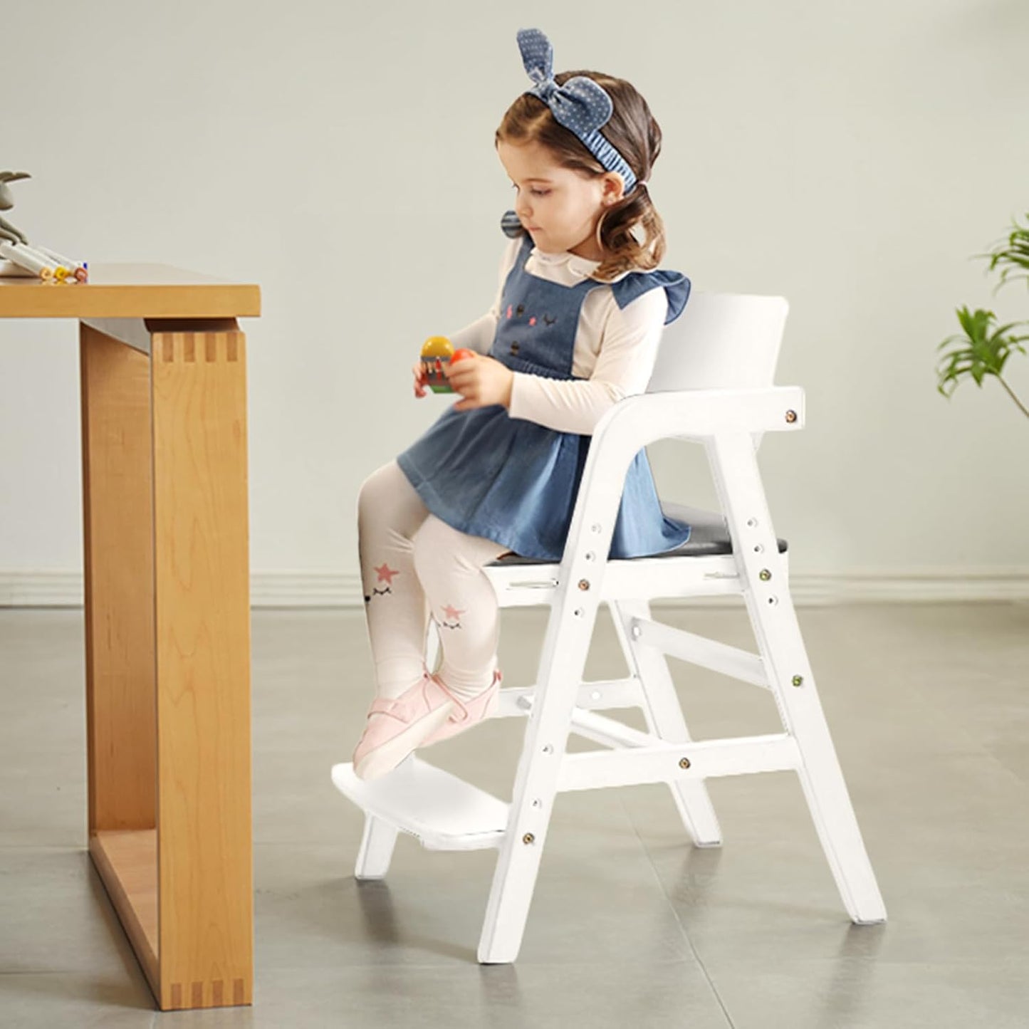 Solid Wood High Chair for Toddlers to Teens, Adjustable Height Toddler Dining Chair, Easy to Clean Toddler Highchair with Removable PU Cushion for Dining, Studying, Step Tool, White