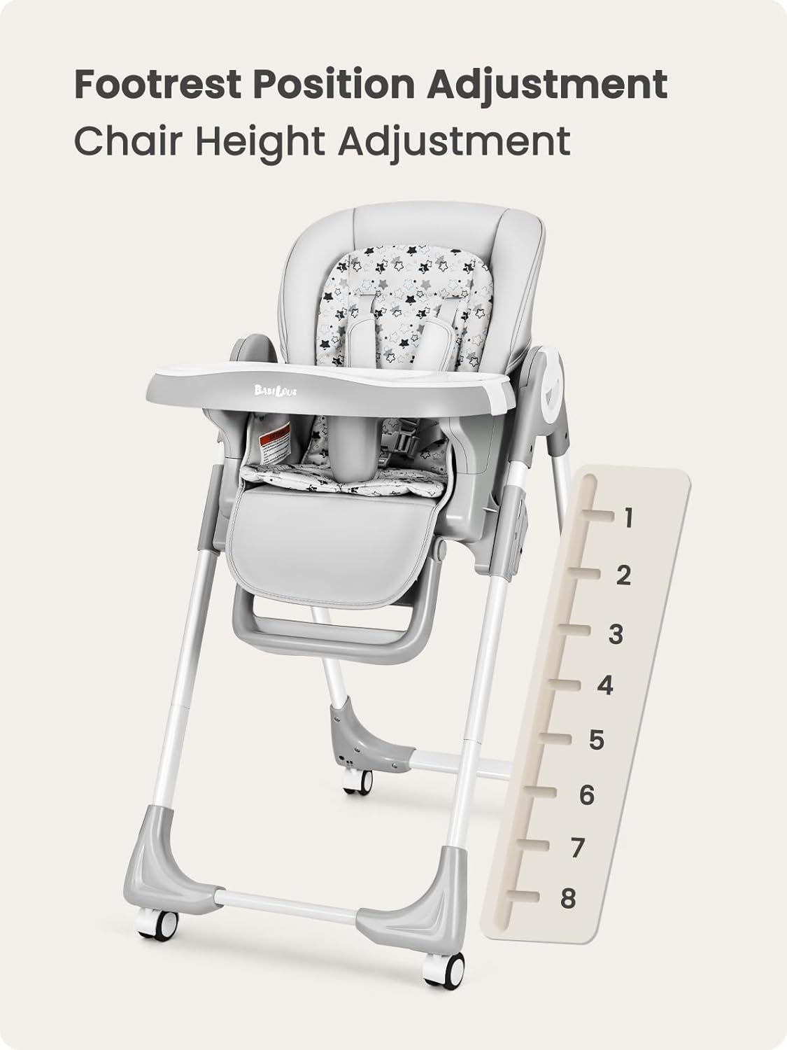 Foldable High Chair with Soft Cushion, High Chairs for Babies and Toddlers, Height Adjustable Feeding Chair, Adjustable Backrest and Footrest, Lockable Wheels, Star Gray