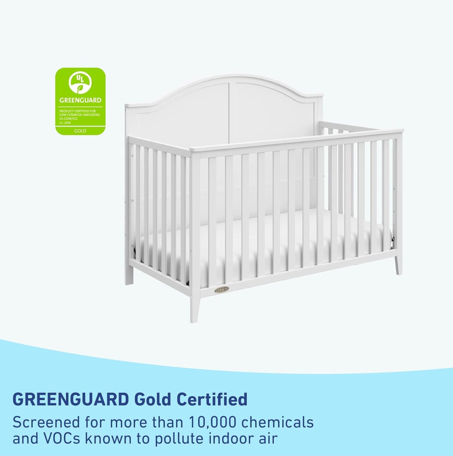 Graco Wilfred 5-in-1 Convertible Crib (White) – GREENGUARD Gold Certified, Converts to Toddler Bed and Full-Size Bed, Fits Standard Full-Size Crib Mattress, Adjustable Mattress Support Base