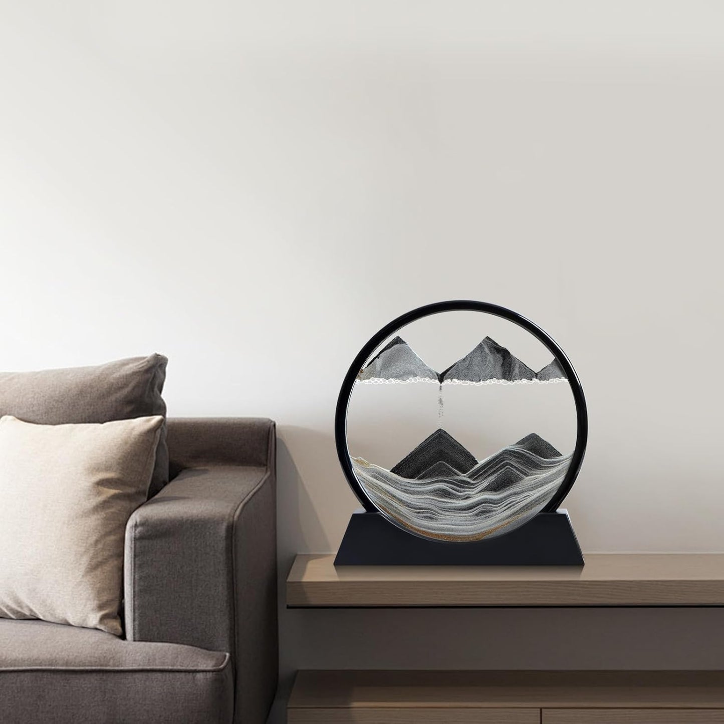 KPNUWN Moving Sand Art Liquid Motion, 3D Deep Sea Sandscape Color Quicksand Decor, Round Glass Moving Sand Art Picture Relaxing Desktop Home Office Work Decor (12 inch-Black)