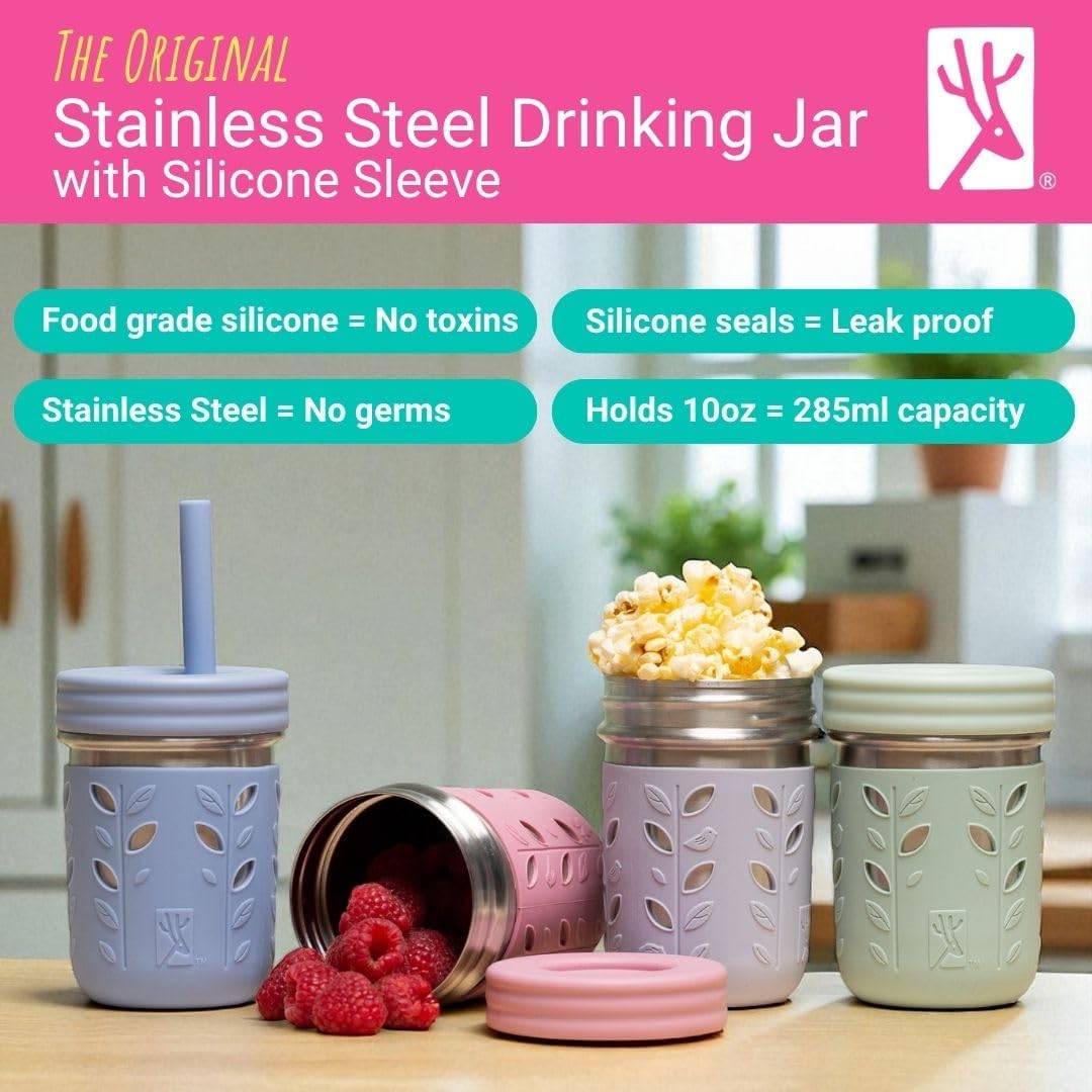 Elk and Friends 10oz Stainless Steel Kids + Toddler Drinking Cups | The Original Mason Jars with Lids + Sleeves + Straws | Smoothie Cups | Spill Resistant | Dishwasher Safe | 4 Pack