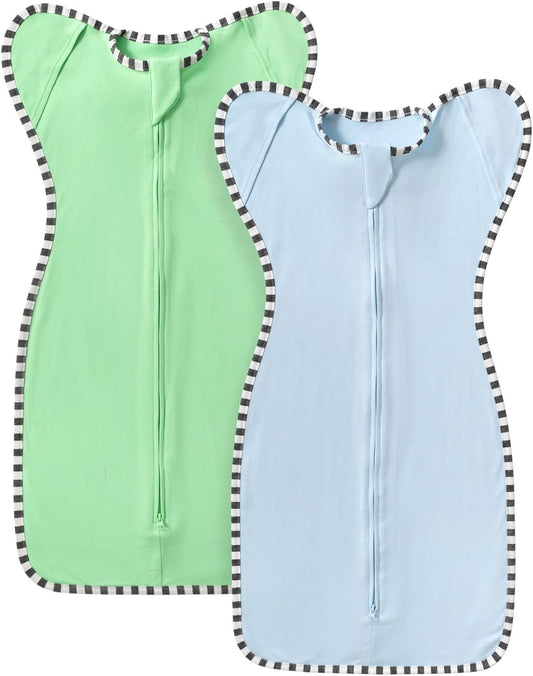 Transition Swaddle, 2 Pack 100% Cotton Baby Sleep Sack, 2-Way Zipper Infant Arm Up Swaddle for Newborn Baby Boys Girls (Blue + Green, S(0-3 Months))