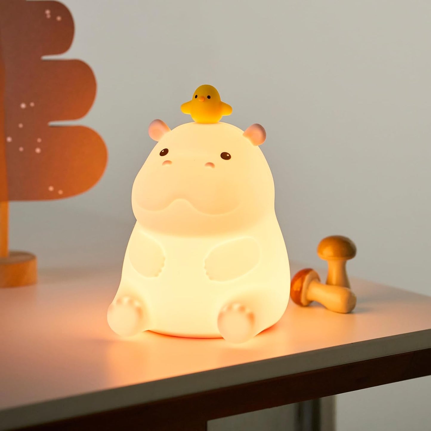 ATSUI Hippo Night Light, LED Squishy Novelty Animal Lamp, Food Grade Silicone, 2 Level Dimmable, Nursery Nightlight for Desk Decor, Funny Gifts Stuff for Boys Girls Baby, White Elephant Gifts