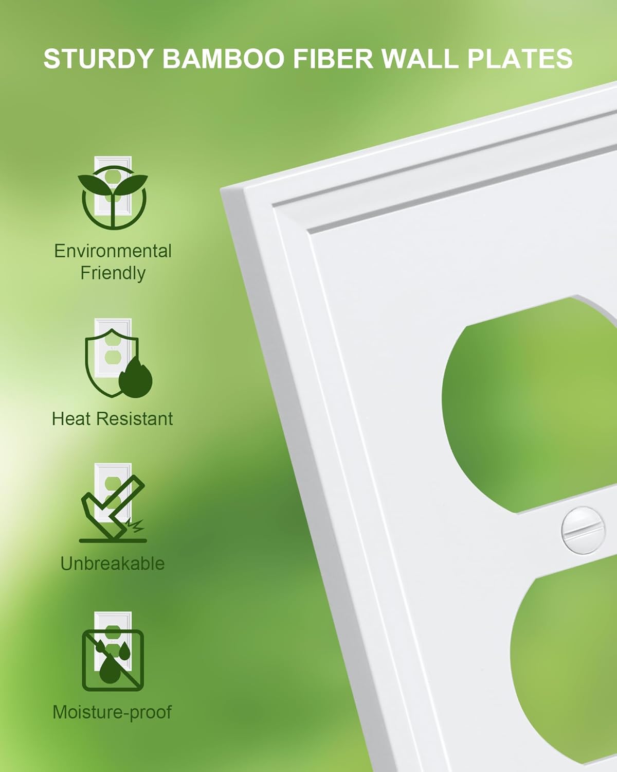 2-Pack Duplex Outlet Cover, Natural Bamboo Fiber Switch Plates and Outlet Covers, White Decorative Wall Plates for Electrical Outlets, 1 Gang Receptacle Cover, Corrosion Resistant