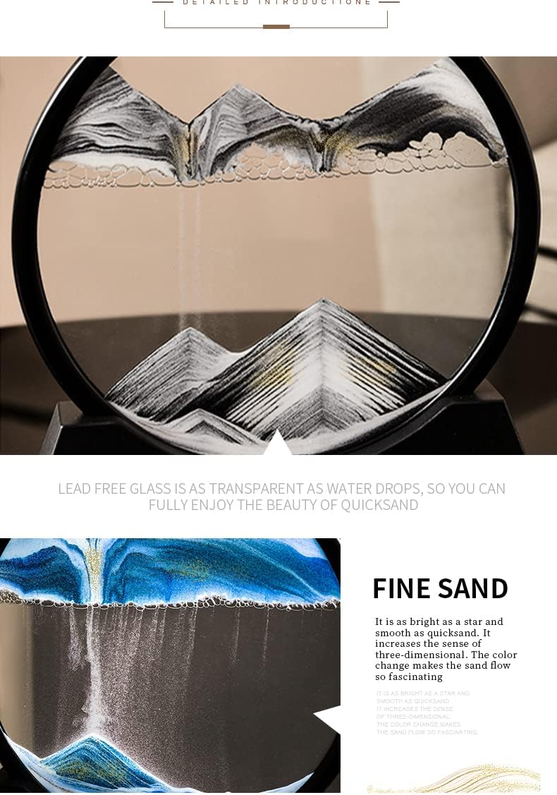 Moving Sand Art Picture 3D Deep Sea Sandscapes Sand Art Liquid Motion Bubbler Timer for Adult Kid Desktop Art Toys for Home Decor and Office(Round+Black+7In)