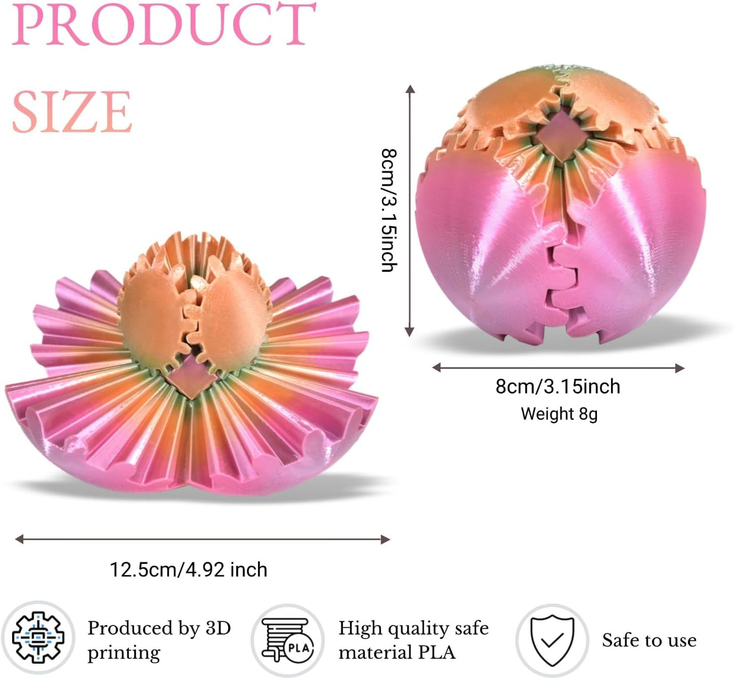 3D Printed Gear Ball, Gear Sphere Fidget Toy Stress Relif Toy for ADHD, Anxiety Relaxing Toy for Adults at Work/Study/Travel, Rainbow Color