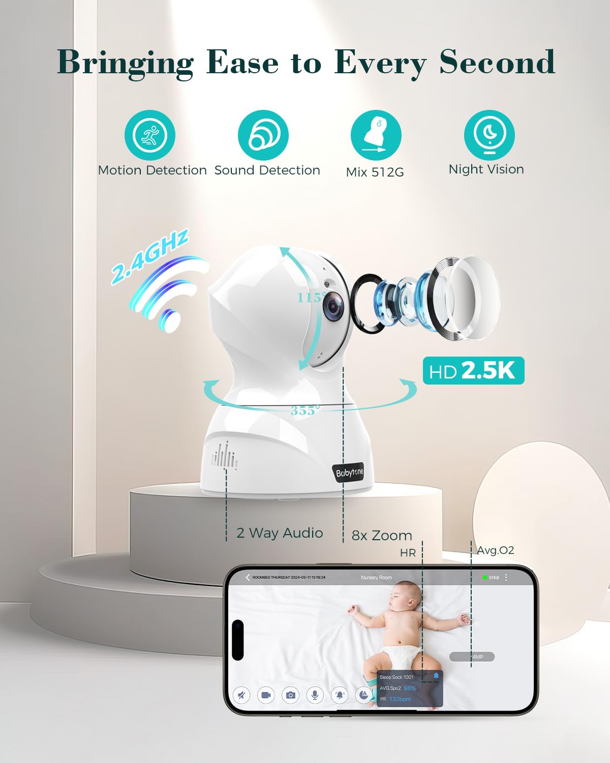 Babytone Baby Monitor - Smart Sleep Sock & 2.5K HD Camera, Track Heart Rate & Average Oxygen Level, Cry/Motion Detect, Two-Way Audio and Night Vision Baby Monitor with APP