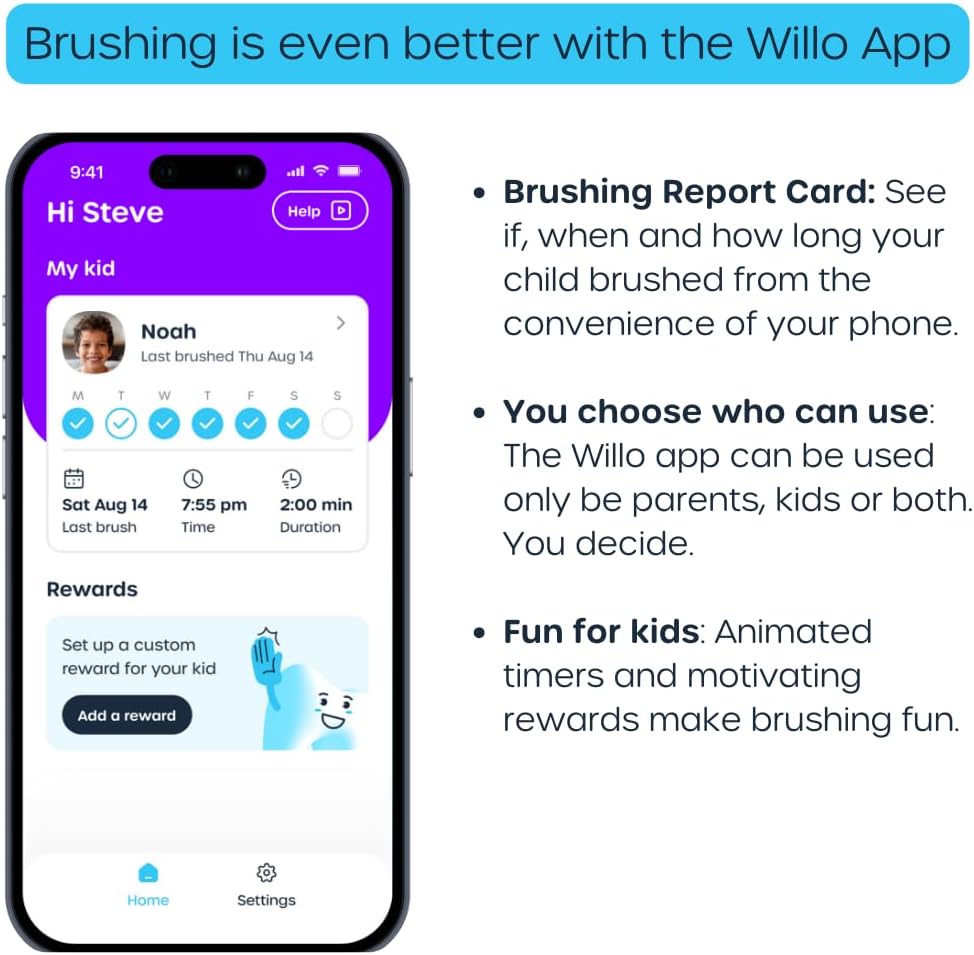 Willo Fully Automatic Kids U-Shaped Electric Toothbrush - 2 Brushing Timers, Deep-Cleans, Consistent Results, Eliminates Brushing Mistakes - Berry Splash (Medium - Kids Ages 8-11 Years)