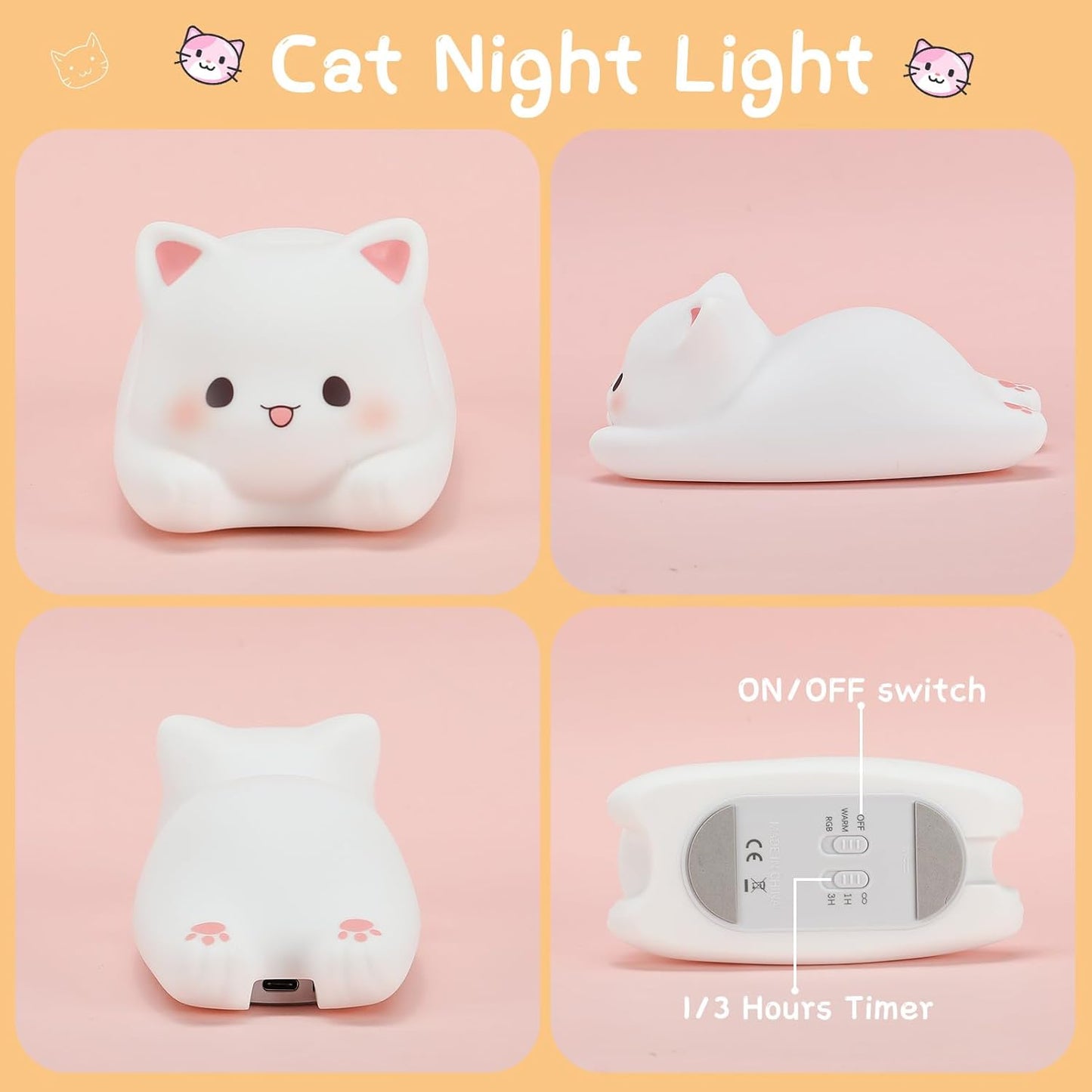 LOVERUIS Cute Night Light for Kids Cat Night-Light Baby Girl Squishy NightLight 1/3 Hour Timer Kitty Light Baby Dimmable Nursery Lamp Colorful Nightlight Gift for Kid Toddler Kawaii Bedroom (Kiki)