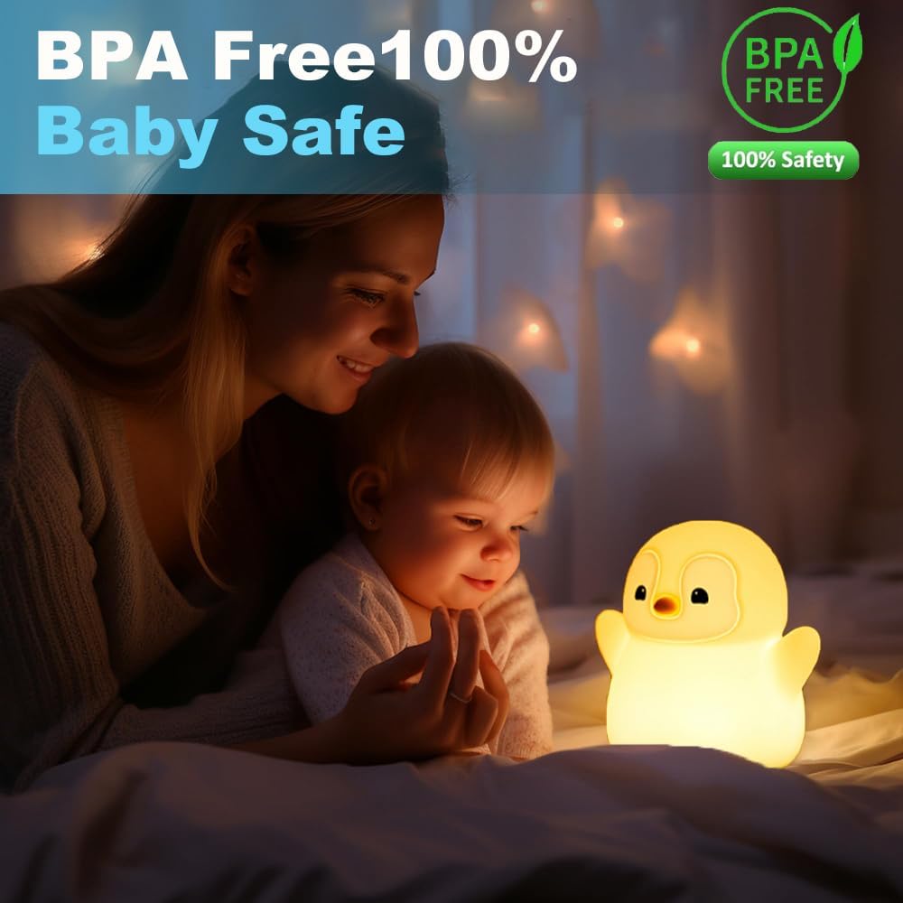 Cute Penguin Night Light for Kids Bedroom, Animal Silicone Nursery Night Lamp Touch Control Nightlights USB Rechargeable Bedside Lamp for Baby Children Toddlers Girls Gift