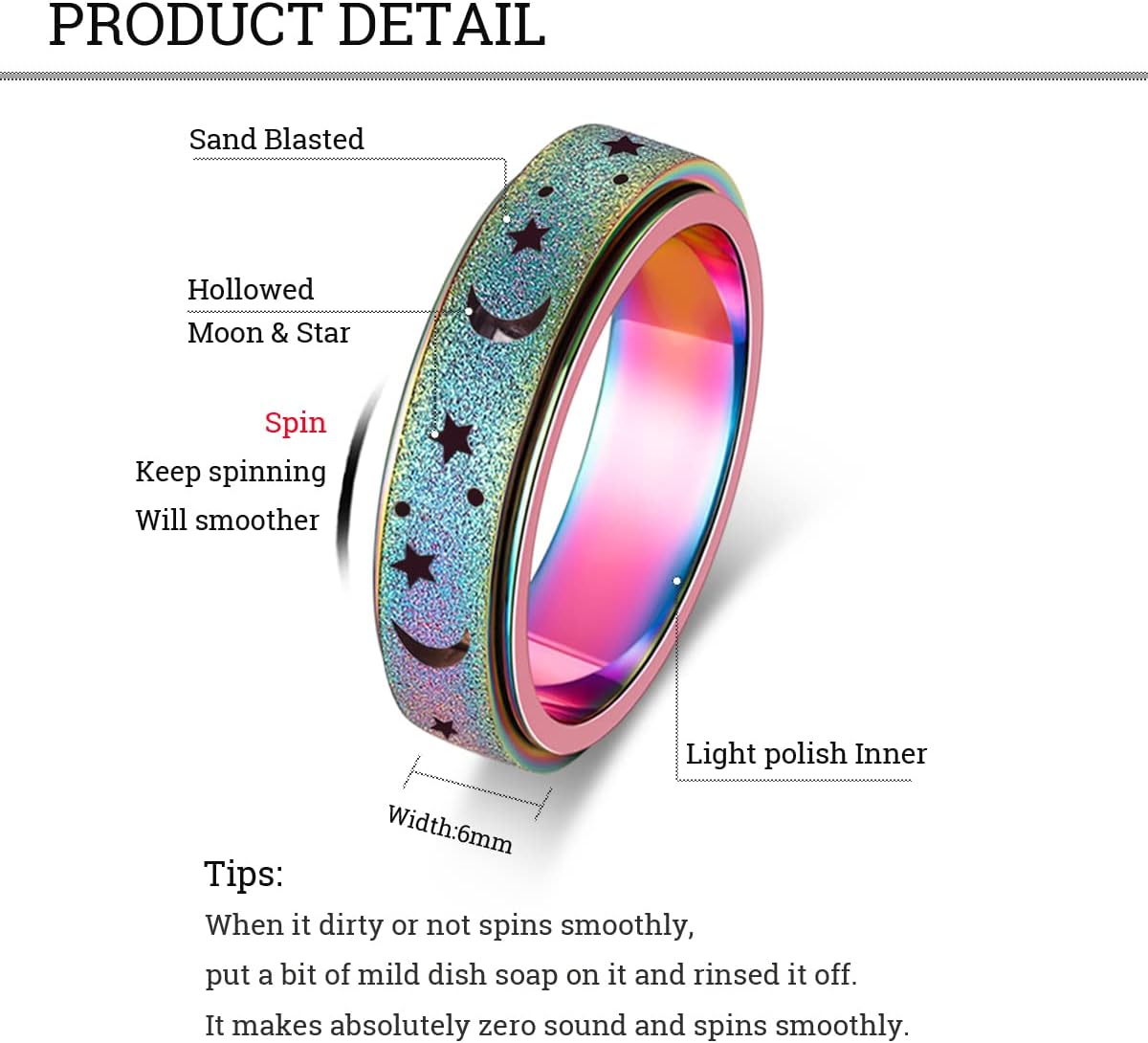 Anxiety Ring for Women Men, Titanium Stainless Steel Spinner Ring, 5 Colors, 6MM, Size 6-10, 3 Styles Anxiety Ring-Moon Star, Sandblasted Finished, Hollow Outer