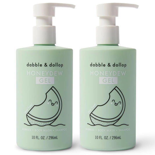 Dabble & Dollop Honeydew Melon Body Wash & Shampoo – 3-in-1 Natural Bubble Bath for Kids, Made in USA, No Parabens or Sulfates, Vegan, Gluten-Free, Tear-Free (10oz, Pack of 2)
