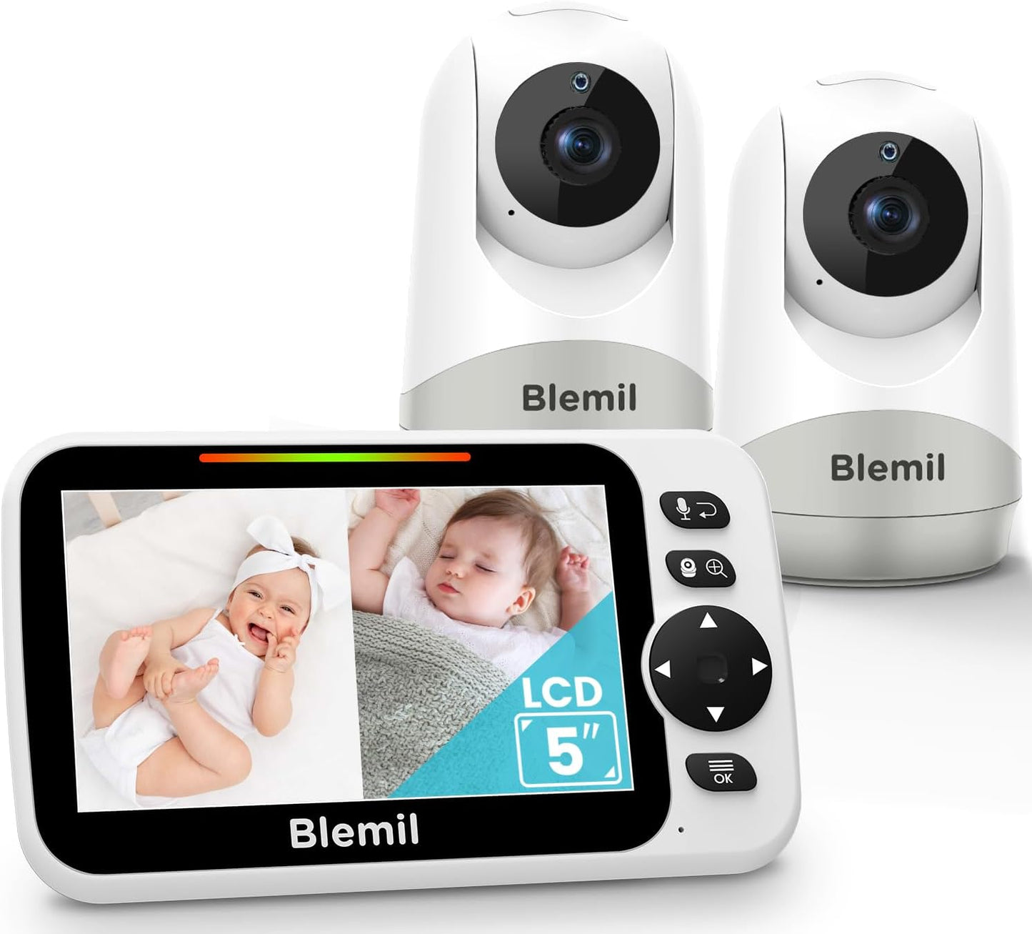 Upgrade Baby Monitor with 30-Hour Battery, 5" Large Split-Screen Video Baby Monitor with 2 Cameras and Audio, Remote Pan/Tilt/Zoom, Two-Way Talk, Room Temperature, Auto Night Vision