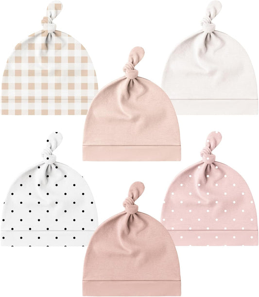 Konssy 6 Pack Baby Newborn Hats Set Knot Beanie Hats Soft for Infant Baby Girls Boys Caps 0-6 Months
