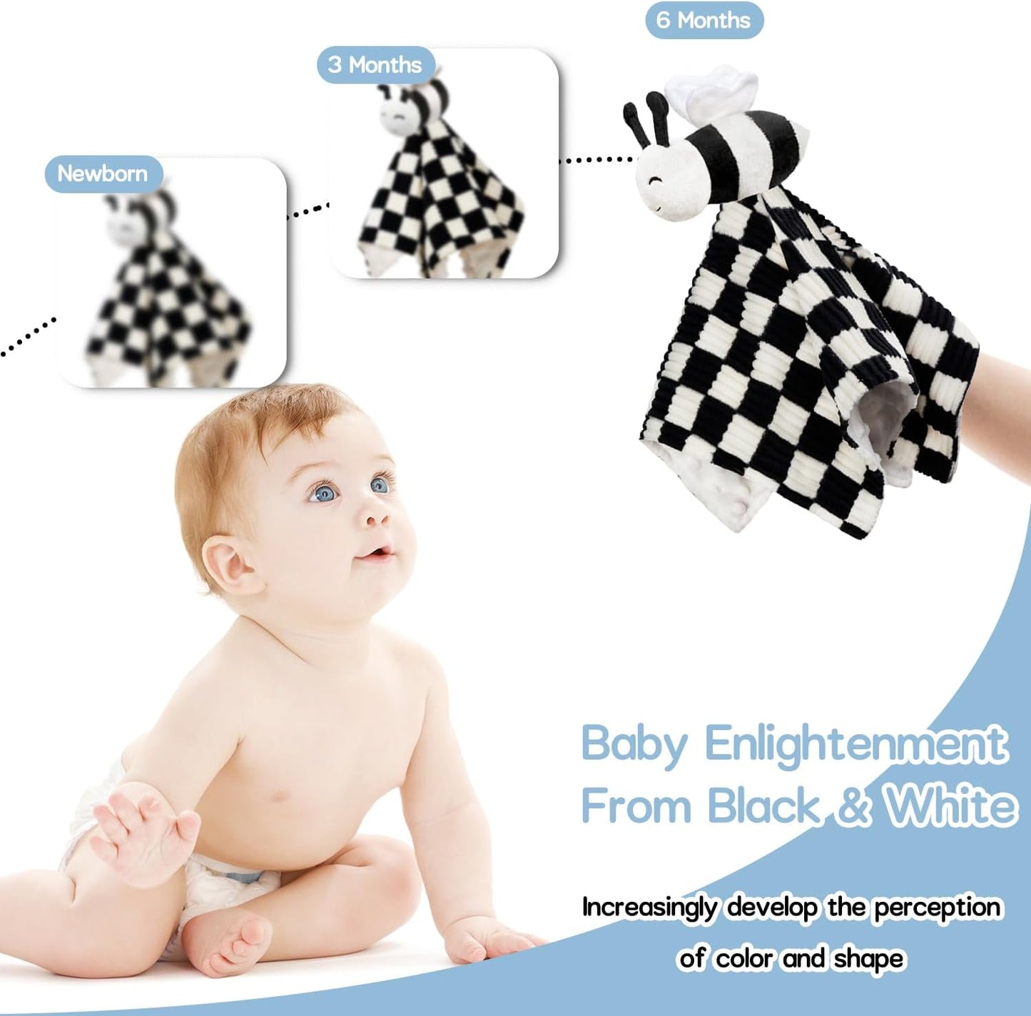High Contrast Baby Security Blanket for Boys Girls 3D Soft Checkerboard Gingham with Minky Dot Fabric Backing Bee Snuggle Stuffed Animal Lovely Black 14 Inch