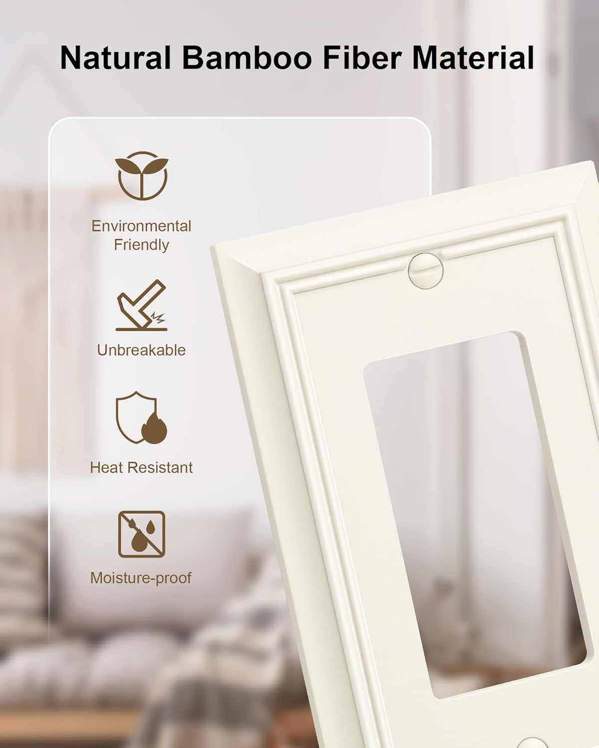 4-Pack Decorator Wall Plate Cover, Light Almond Decorative Switch Plates and Outlet Covers, Durable Natural Bamboo Fiber Wall Plates for Electrical Outlets, Receptacle, GFCI Outlet, Dimmer Switch