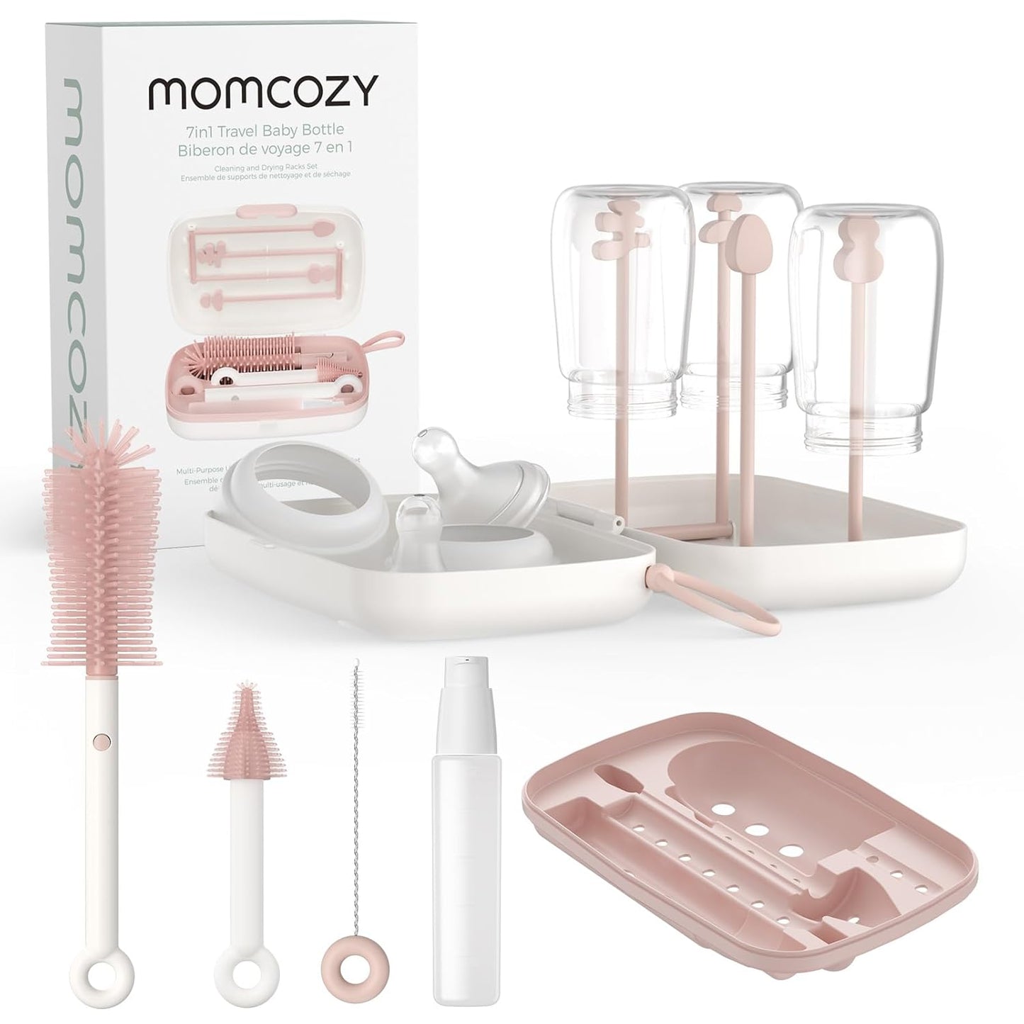 Momcozy Bottle Brush Set - Baby Bottle Cleaner Kit with Silicone Brush, Nipple Brush, Straw Brush, Soap Dispenser, Drying Rack - 7 in 1 Bottle Cleaning Tool for Home and Travel, Pink