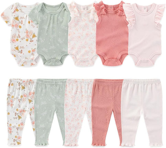 Kiddiezoom Newborn Baby Layette Set 10-Piece with Bodysuits and Pants Set for Unisex Baby Gift Sets