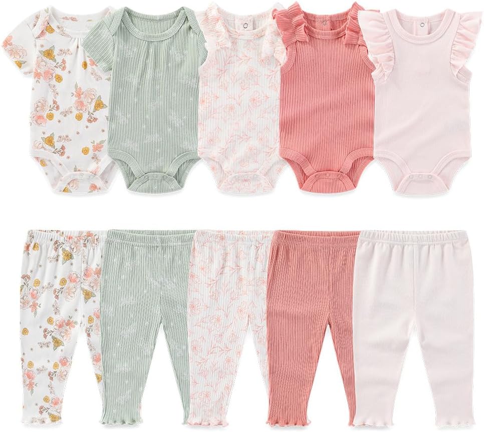 Kiddiezoom Newborn Baby Layette Set 10-Piece with Bodysuits and Pants Set for Unisex Baby Gift Sets