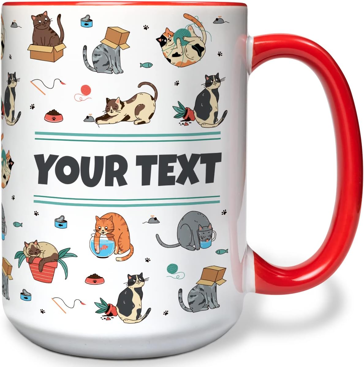 Personalized Mug for Kids - Cats - Custom Name/Text, Ceramic Hot Chocolate/Cocoa/Coffee Cup for Boys/Girls, Birthday/Christmas/Holiday Gift - 15 oz, Red Handle