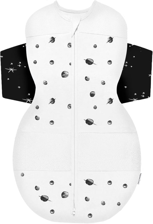 Happiest Baby SNOO Sleep Sack - 100% Organic Cotton Baby Swaddle Blanket - Doctor Designed Promotes Healthy Hip Development (Ivory Planets Black Wings, Small)